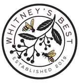 Logo for 'Whitney's Best' with bees and leaves on a white background